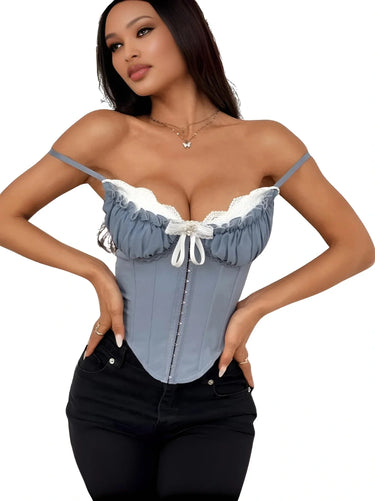Women's Ruffle Lace-Trim Crop Corset Going Out Camisole Y2K Street Date Night Club Party Tops, Drestiny, Corsets, Crop Tops, Tank Tops, Causal Shirts, Sleeveless, S, M, L, United States, USA, Canada, Australia, New Zealand, United Kingdom, Blue, Pink, UK, Navy, Red, Brown, Grey, Black, Y2K corset top, ruffle lace crop top, sexy going out tops, date night camisole, clubwear tops women, Y2K fashion tops, lace trim corset top, party tops women's, ruffle crop top UK, going out camis UK, shopdrestiny.com